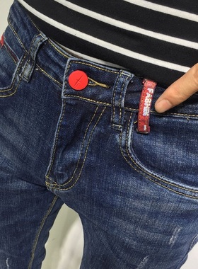 春秋潮男牛仔裤紧身小脚九分裤修身韩版潮流深蓝做旧社会小伙长裤