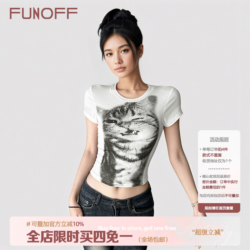 美式简约猫咪印花露脐短袖T恤女