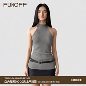 FUNOFF 复古miu系灰色高领无袖 针织背心简约纯色性感收腰露背上衣