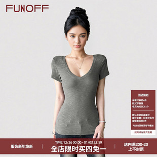 T恤2025夏百搭修身 简约灰色V领低胸收腰短袖 显瘦上衣 美式 FUNOFF