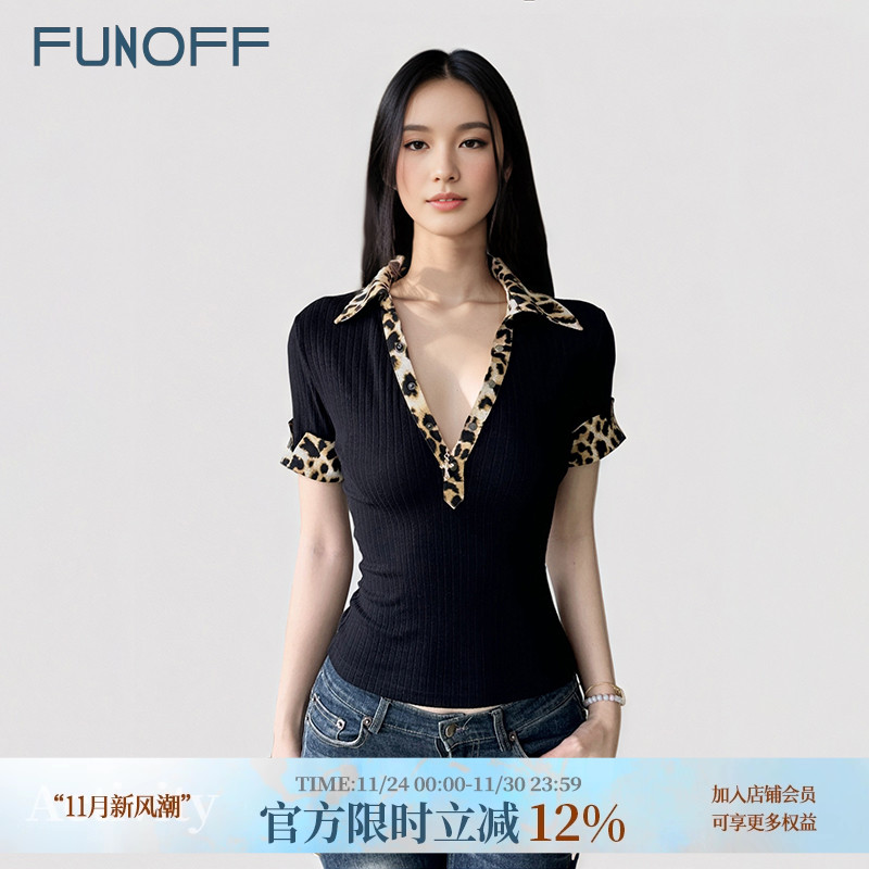美式复古豹纹POLO领低胸短袖衬衫