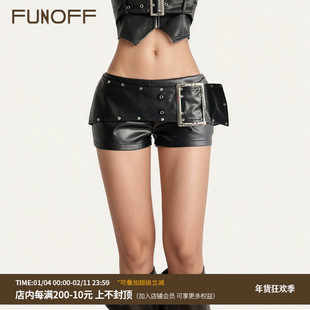 FUNOFF 美式复古黑色皮革金属扣低腰超短裤街头辣妹性感修身热裤