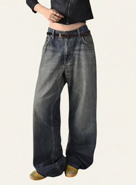 FUNOFF 美式复古做旧磨白蓝色阔腿牛仔裤简约口袋低腰宽松休闲裤