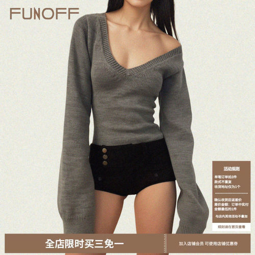美式复古灰色V领低胸毛织上衣秋