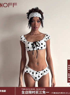FUNOFF 法式性感白色波点印花比基尼套装海边假日辣妹泳衣两件套