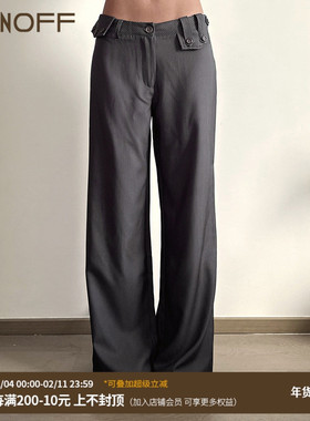 FUNOFF 美式复古深灰色条纹低腰西装长裤办公室通勤直筒休闲裤女