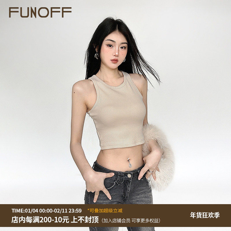 FUNOFF 美式简约纯色百搭无袖露脐背心辣妹运动修身内搭工字上衣
