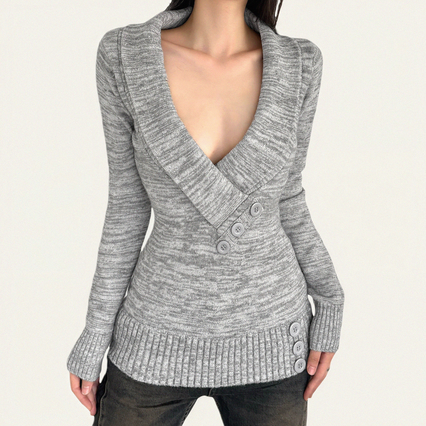 美式复古灰色低胸V领毛织长上衣