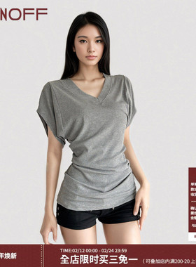 FUNOFF 美式复古灰色V领收腰蝙蝠短袖T恤简约慵懒感白色显瘦上衣