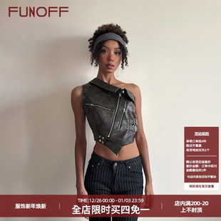 FUNOFF 复古棕色斜肩拉链不规则皮革背心街头辣妹露脐上衣女 美式