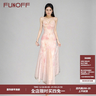 FUNOFF 粉色假日碎花蕾丝拼接鱼尾吊带裙海边穿搭性感收腰长裙女