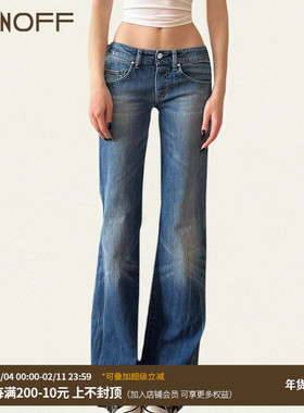 FUNOFF 美式复古蓝色做旧磨白低腰牛仔裤简约通勤口袋直通长裤女