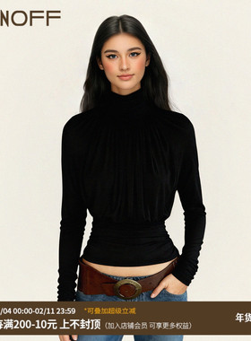 FUNOFF 法式复古黑色高领褶皱长袖打底衫简约修身收腰针织T恤上衣