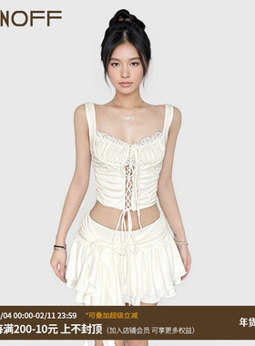 FUNOFF 法式bm白色蕾丝拼接收腰吊带背心度假风褶皱镂空显瘦上衣