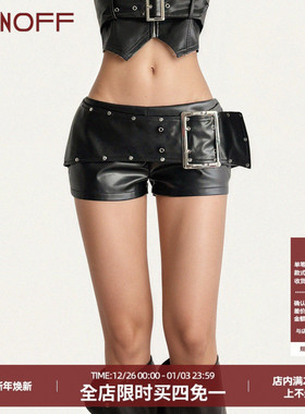 FUNOFF 美式复古黑色皮革金属扣低腰超短裤街头辣妹性感修身热裤