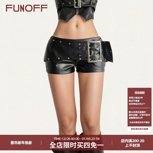 热裤 FUNOFF 街头辣妹性感修身 复古黑色皮革金属扣低腰超短裤 美式
