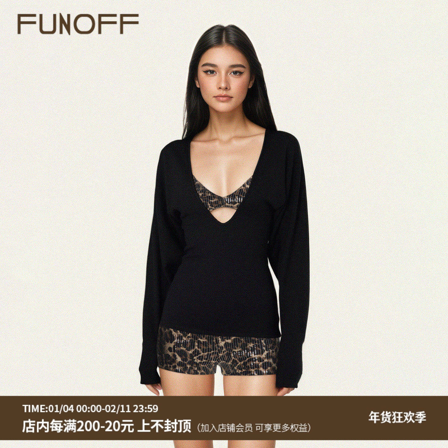 FUNOFF 美式复古黑色V领低胸蝙蝠长袖针织上衣性感豹纹比基尼套装,女装/女士精品,时尚套装,淘宝优惠券,粉丝福利购,淘宝优惠卷