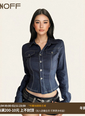 FUNOFF 美式复古蓝色仿牛仔POLO领长袖衬衫简约假口袋收腰短上衣