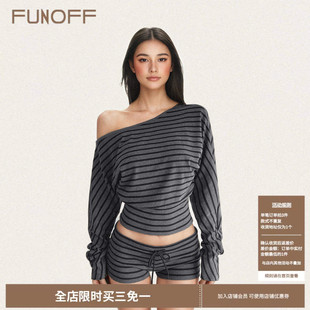 FUNOFF 美式复古条纹斜肩露脐长袖T恤上衣低腰绑带超短裤两件套装