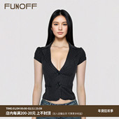 FUNOFF 上衣 性感翻领收腰纽扣西装 海妖风黑色条纹低胸V领短袖 衬衫