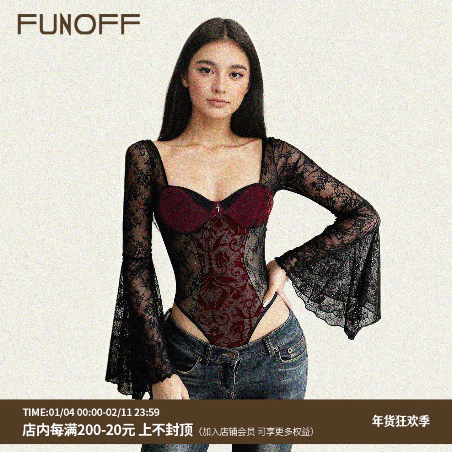 FUNOFF 复古蕾丝拼接低胸喇叭长袖连体衣vintage性感透视修身上衣,女装/女士精品,连体衣/裤,淘宝优惠券,粉丝福利购,淘宝优惠卷