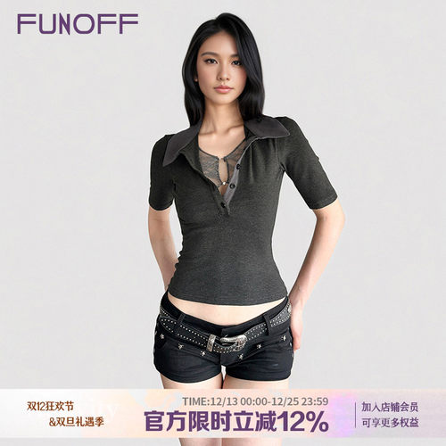 灰色假两件蕾丝POLO领短袖衬衫