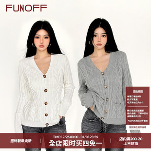 开衫 复古灰色V领麻花毛织长袖 简约学院风口袋外套上衣 美式 FUNOFF