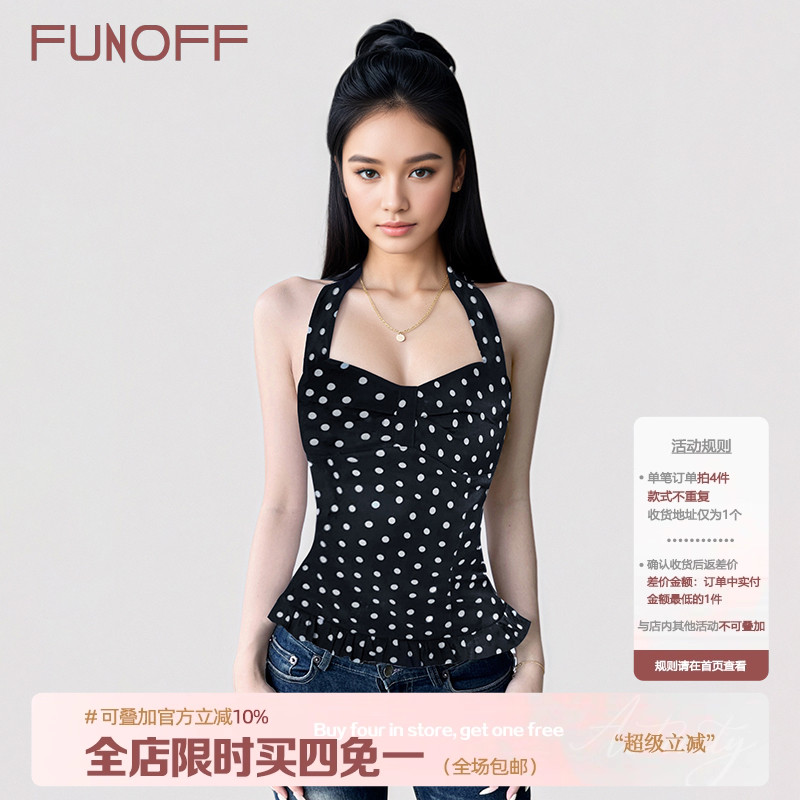 法式黑白波点花边挂脖吊带背心夏