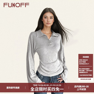 衬衫 简约灰色POLO领喇叭长袖 基础亨利领宽松收腰上衣 美式 FUNOFF