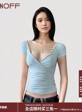 FUNOFF 复古蓝色串珠交叉V领低胸短袖T恤复古性感修身收腰上衣夏