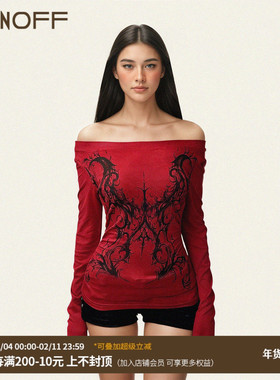 FUNOFF 复古暗黑风红色印花一字肩蕾丝长袖T恤万圣节小众收腰上衣