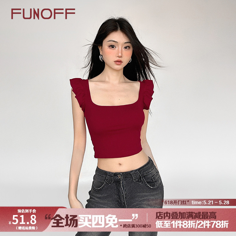 FUNOFF 夏至热恋#红色方领小飞袖吊带上衣辣妹修身露脐无袖背心女 女装/女士精品 T恤 原图主图