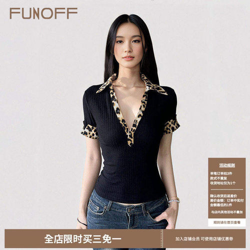 美式复古豹纹POLO领低胸短袖衬衫