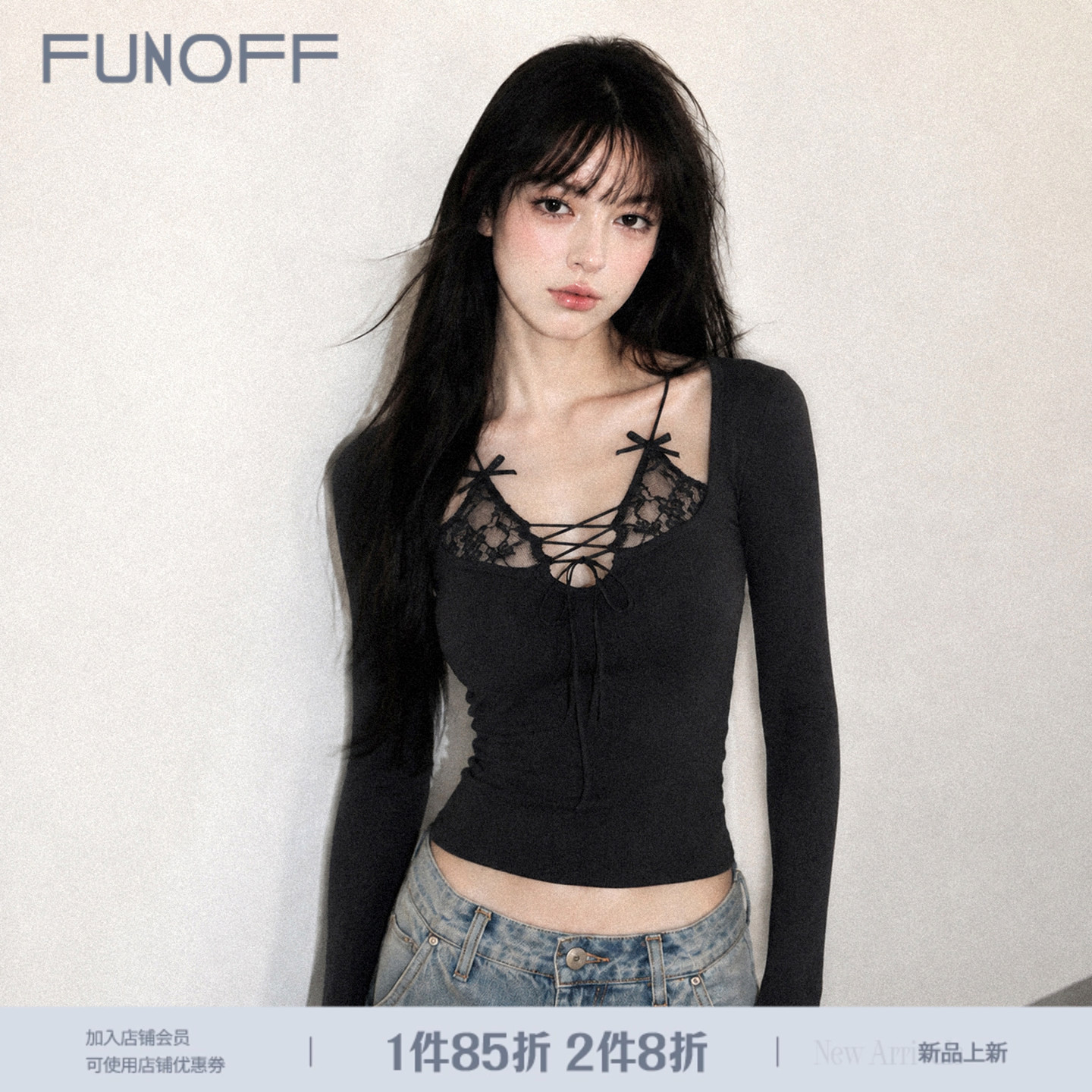 FUNOFF 复古黑色蕾丝假两件长袖T恤女法式挂脖系带修身收腰上衣秋
