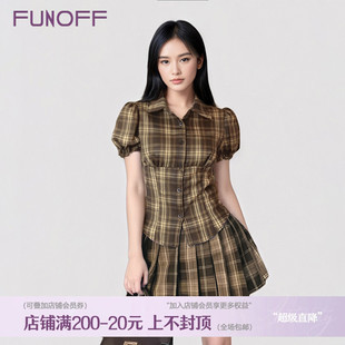 上衣 FUNOFF美式 学院风棕色格纹POLO领短袖 衬衫 复古英伦收腰泡泡袖