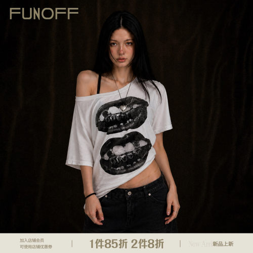 美式辣妹白色嘴唇印花斜肩短袖夏