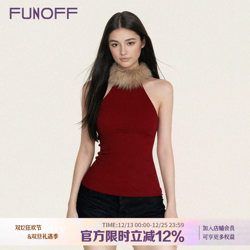 美式复古红色毛领拼接无袖背心女