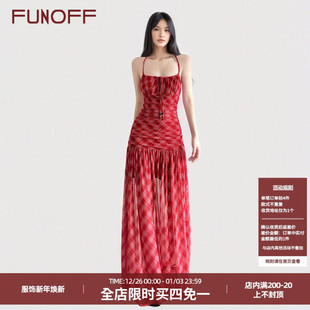 FUNOFF 复古红色格纹收腰吊带连衣裙2025夏性感露背显瘦长裙 美式