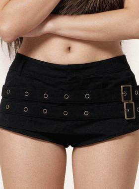 FUNOFF 美式复古黑色日字扣鸡眼低腰短裤街头轻亚修身超短热裤女