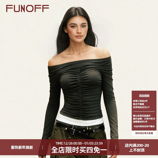 T恤简约基础褶皱收腰打底上衣 复古黑白撞色一字肩长袖 FUNOFF 美式