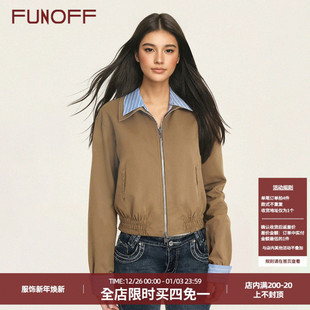 FUNOFF 复古棕色条纹撞色假两件夹克外套老钱风宽松休闲上衣 美式