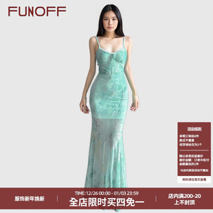 FUNOFF 复古度假风绿色网纱吊带连衣裙2025春夏收腰包臀鱼尾长裙