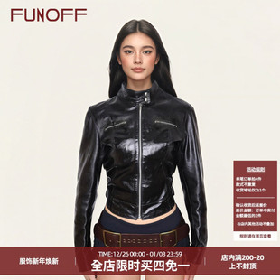 FUNOFF 复古黑色皮革立领拉链夹克外套街头机能风收腰上衣女 美式