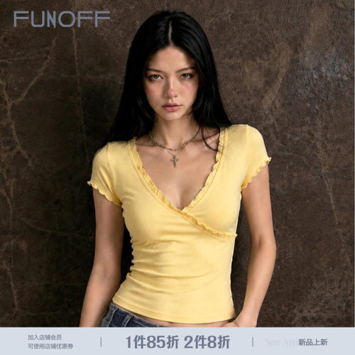 复古简约黄色V领木耳边短袖T恤女