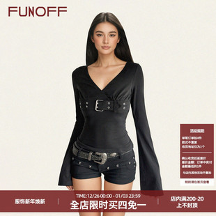 T恤秋街头机能收腰喇叭袖 复古黑色V领金属扣长袖 上衣 美式 FUNOFF