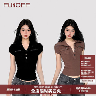 衬衫 复古棕色POLO领排扣短袖 街头V领低胸收腰T恤上衣 美式 FUNOFF