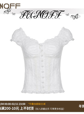 FUNOFF法式复古蕾丝提花褶皱排扣短袖宫廷修身显瘦低领泡泡袖上衣