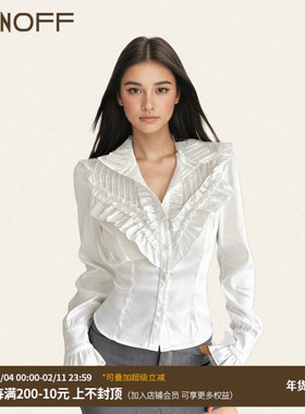 FUNOFF 法式宫廷风白色荷叶边长袖衬衫复古纽扣收腰立领收腰上衣