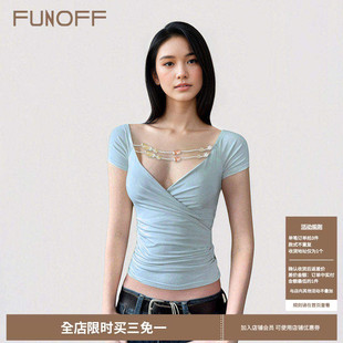 收腰上衣夏 T恤复古性感修身 FUNOFF 复古蓝色串珠交叉V领低胸短袖