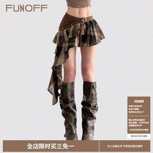 FUNOFF 嬉皮风复古格纹棕色荷叶边不规则半身裙废土风辣妹A字短裙